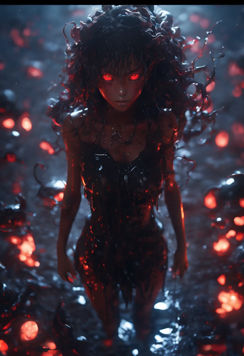 Full length view, demon girl, glossy, top view, tanned skin, slime, black slime, gooey, manga style, mysterious, red eyes, perfect face, tousled hair, natural skin, soft impressionistic perfect composition, large reflective eyes ,full body, dramatic, insanely detailed, 4k resolution, cinematic, dramatic atmosphere, surround lighting, cinematic lighting, studio quality