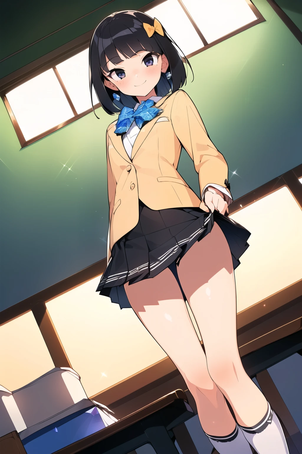 (((1girl))), ((best quality)), ((masterpiece)), ((ultra-detailed)), (illustration), (detailed light), (an extremely delicate and beautiful), (beautiful detailed eyes), (sunlight), ((extremely light)), ((extremely clothes)), (((hyper detail)))
(((school blazer and a pleted skirt))),
,
short bob, ((((black hair)))), ((lshort hair)),
(((crystal black eyes))),
(((whole body))), ,
(((extra adorable))), (((extra slender shape))),
(((extremely beautiful detailed face))),
(mischievous smile with sexual satisfaction), (adorable smile),
(((condescending expression))),
(((making a bow))), (((((Dutch angle))))),
((())), ((from below)),
(((extremely thin thighs))), (((white socks)))