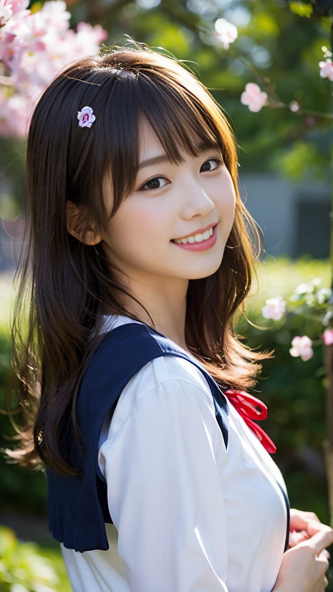(8K、Raw photography、taken from distance, top-quality、masterpiece:1.2)、(realisitic、Photorealsitic:1.37)、ultra-detailliert、超A high resolution、女の子1人、see the beholder、beautifull detailed face、A smile、Constriction、(Slim waist) :1.3)、Beautiful detailed skin、Skin Texture、Floating hair、Professional Lighting、Whole human body、japanese hight school uniform、a sailor suit、Twin Hairstyles、E-cup、Happy smile、sixteen years old、Red ribbons、a baby face、in woods、Tree of the Rising Sun々Passing sunshine、Deities々Shikai、Hair fluttering in the wind、the wind、cherry blossom in full bloom、Cherry blossom confetti