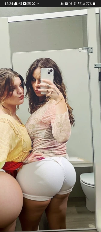 two women taking a selfie in a mirror in a bathroom, bella thorne and megan fox, high quality upload, snapchat photo, mirror selfie, beautiful girls, posing!!, profile image, lana del rey and zoë kravitz, 💋 💄 👠 👗, profile picture, selfie photo, profile pic, two models in the frame, beautiful women, mirror selfie, beautiful girl, big ass, huge ass, bbw, from behind, thick, thick thighs, wide hips, bbw, big tits, sideboob, giant ass, back view, big butt, round butt, tight underwear, underwear halfway off, underwear taking off, grabbing ass, ass spilling over underwear, too thick for clothes, looking left, leftwards


