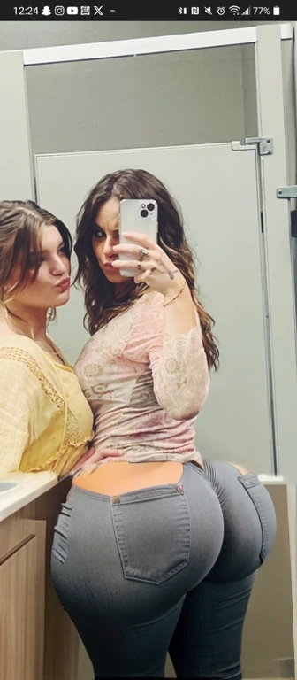two women taking a selfie in a mirror in a bathroom, bella thorne and megan fox, high quality upload, snapchat photo, mirror selfie, beautiful girls, posing!!, profile image, lana del rey and zoë kravitz, 💋 💄 👠 👗, profile picture, selfie photo, profile pic, two models in the frame, beautiful women, mirror selfie, beautiful girl, big ass, huge ass, bbw, from behind, thick, thick thighs, wide hips, bbw, big tits, sideboob, giant ass, back view, big butt, round butt, tight underwear, underwear halfway off, underwear taking off, grabbing ass, ass spilling over underwear, too thick for clothes, looking left, leftwards