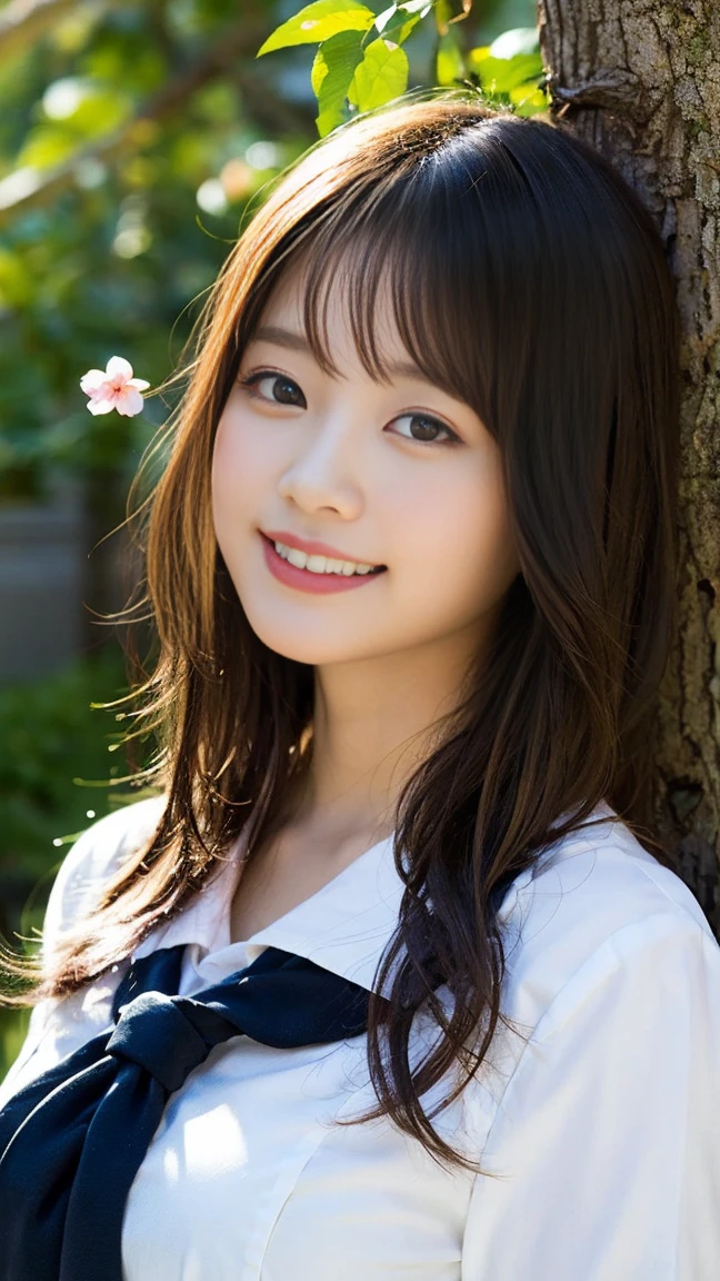 (8K、Raw photography、taken from distance, top-quality、masterpiece:1.2)、(realisitic、Photorealsitic:1.37)、ultra-detailliert、超A high resolution、女の子1人、see the beholder、beautifull detailed face、A smile、Constriction、(Slim waist) :1.3)、Beautiful detailed skin、Skin Texture、Floating hair、Professional Lighting、Whole human body、japanese hight school uniform、a sailor suit、Twin Hairstyles、E-cup、Happy smile、sixteen years old、Red ribbons、a baby face、in woods、Tree of the Rising Sun々Passing sunshine、Deities々Shikai、Hair fluttering in the wind、the wind、cherry blossom in full bloom、Cherry blossom confetti