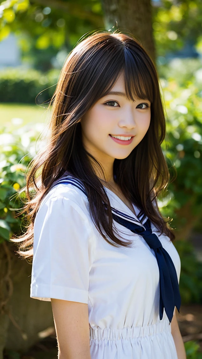 (8K、Raw photography、taken from distance, top-quality、masterpiece:1.2)、(realisitic、Photorealsitic:1.37)、ultra-detailliert、超A high resolution、1人、see the beholder、beautifull detailed face、A smile、Constriction、(Slim waist) :1.3)、Beautiful detailed skin、Skin Texture、Floating hair、Professional Lighting、Whole human body、japanese hight school uniform、a sailor suit、Twin Hairstyles、E-cup、Happy smile、sixteen years old、Red ribbons、a baby face、in woods、Tree of the Rising Sun々Passing sunshine、Deities々Shikai、Hair fluttering in the wind、the wind、cherry blossom in full bloom、Cherry blossom confetti