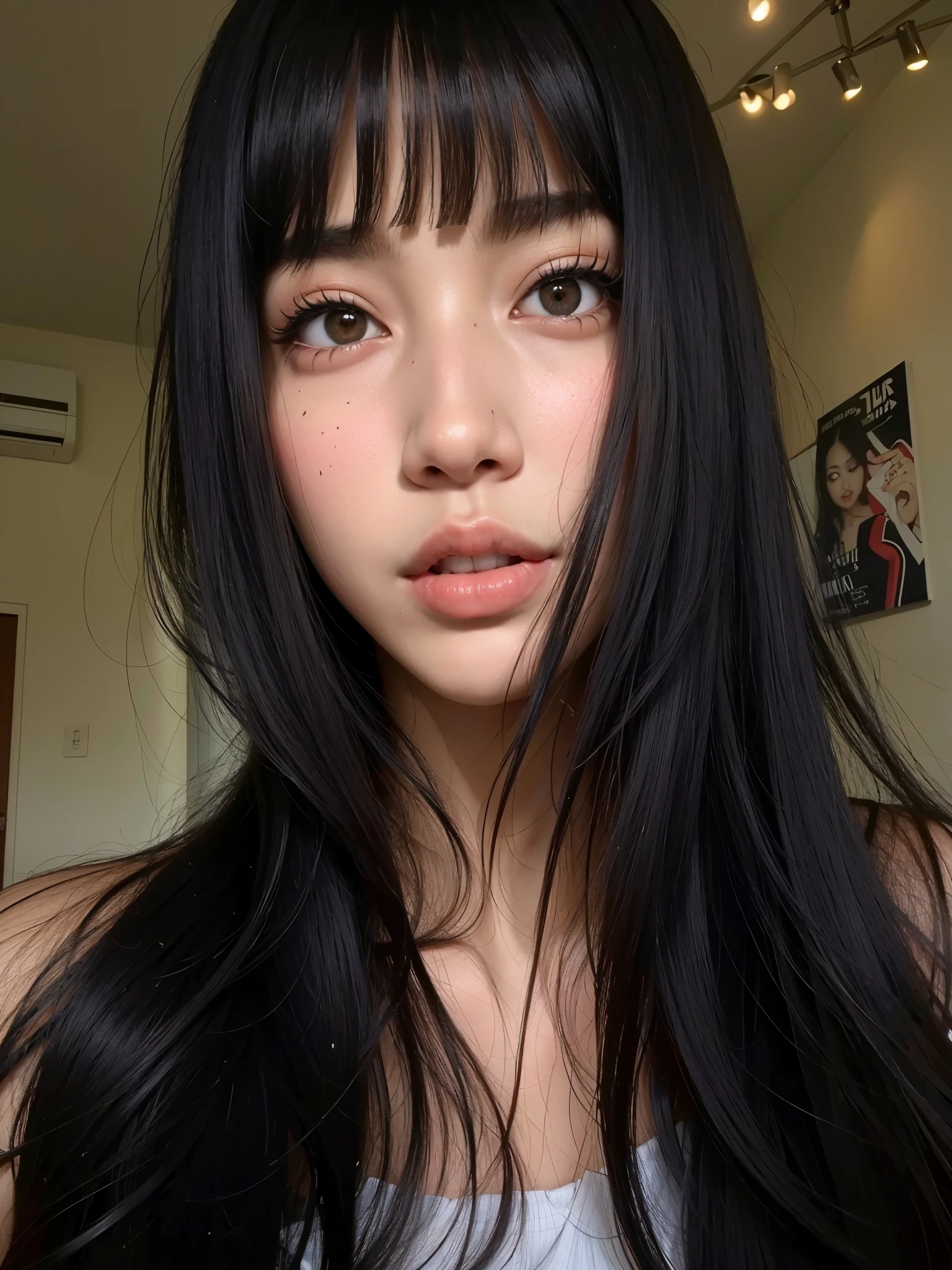 um close up de uma mulher com longos cabelos pretos e cabelos sardados, she has black hair com franja, corte de cabelo preto hime, asian face, beautiful Asian, detailed face of a Asian, características Asians, young cute wan asian face, Asian, neat hair com franja, com franja, franja preta, long black hair com franja, com franja completa