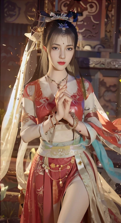 (8k, original photo, best quality, masterpiece:1.2), (actual, photo-actual:1.4), (Extremely detailed CG unified 8k wallpaper), (1 girl:1.5), Western beauty, (red clothes: 1.4), There are red spots on the forehead, pale skin, blush, big eyes, whole body, thigh, open navel, Gold-tone waist chain, gold jewelry, Fluttering ribbons, particle, The ancient city of Loulan is in the background, Ancient city walls, desert, dance, Dunhuang_skirt, Dunhuang_style,