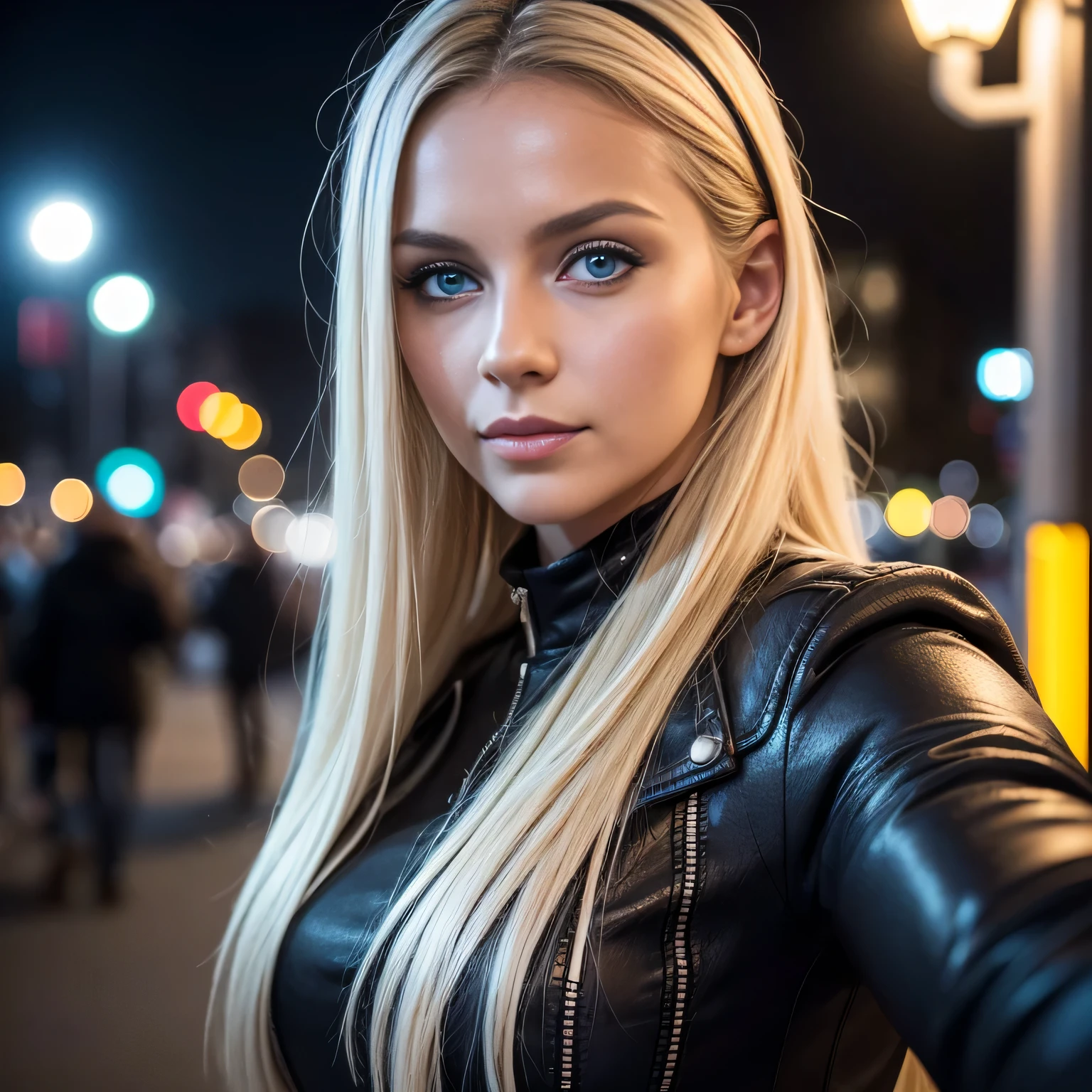 (Selfie, Draufsicht: 1.4), (full body), RAW UHD portrait photo of a 24-year-old blonde (Blue-eyed woman) Eine dunkle Gasse entlanggehen, big ,, Stadt bei Nacht, (Rock), (Ausschnitt), Details (Gewebe! , Haar! , Glitzer, Farbe!! , Benachteiligungen: 1.1), shiny eyes with high level of detail (Blick in die Kamera), SLR-Beleuchtung, Spiegelreflexkamera, ultra quality, Sharpness, Depth of field, Filmkorn (Mitte), Fujifilm XT3, kristallklar, Rahmenmitte, Beautiful face, Scharfer Fokus, Streetlight, Neonbeleuchtung, bokeh (schwach beleuchtet), Nacht, (Nachthimmel), Detaillierte Hautporen, Oily skin, Sonnenbrand, Komplexe AugenDetails, full entire body