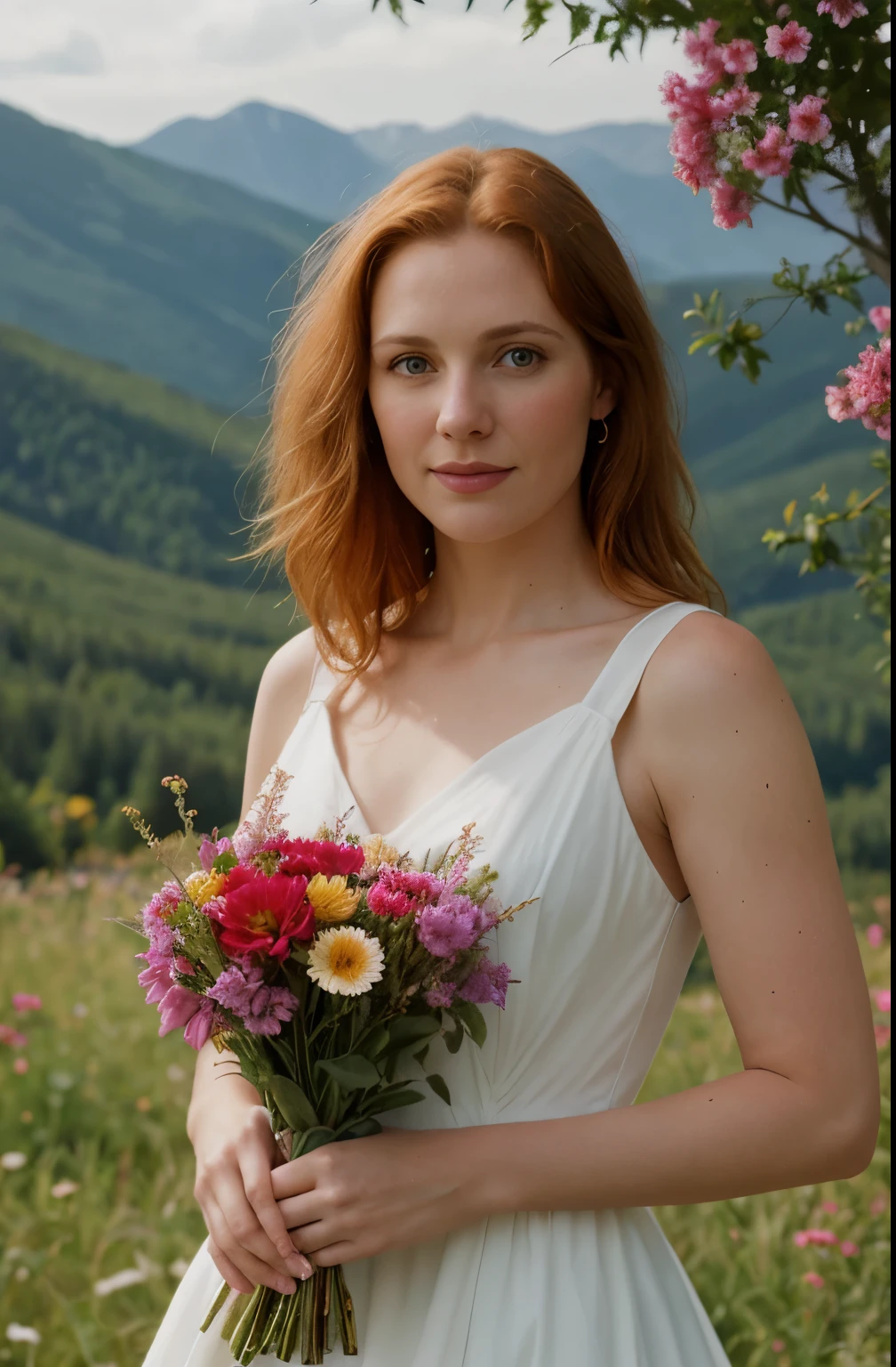 (Realistic:1.2), analog photo, RAW, about 35 year old women with ginger hair, full body with dress with flowers, soft natural light, detailed face and eyes, Great quality, masterpiece, background mountain, Quality: 16K