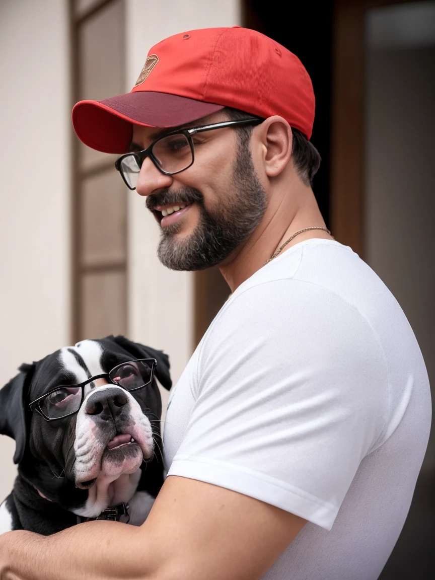 Veste roupas da moda, mesa,alta qualidade,altamente detalhado,cena intensa, solid, Gritty Reality Scenario for 42 Year Old Sexy Fat Bearded Man,cheio de suor,corpo todo,barriga grande, ((wearing prescription glasses or Sport glasses with red transfer lenses 60%)), smiling Laughing expression of great happiness, wearing a hat or wearing a hat on the head, ((Vestindo blusa de passeio, uma bermuda branco)),rosto atordoado,Abra as pernas, Florida square environment luxurious outdoor place, He walks his English Cocker Spaniel or English Bulldog, Dalmatians, collie, Maltese, he affectionately holds the dog in his arm or holds him petting him on his lap. (The dog doesn't wear glasses).Fotografia RAW, melhor qualidade, obra-prima, impressive lighting, C4D, OC rendering, cinematic edge light, luz fina, obra-prima, super detalhe, Epic composition, ultra HD, alta qualidade, 32k delicado e bonito, extremamente detalhado, CG, unidade, papel de parede 8k, incredible detailed, finamente detalhado, obra-prima, melhor qualidade, arte oficial, unidade CG extremamente detalhada 8k papel de parede, ultra-detalhado, high resolution , extremamente detalhado, claro, focado, (melhor qualidade), (realista, fotorrealista:1.6), 8k, soft lighting, alta qualidade, cinematic lighting, centrado, corpo inteiro, (suor:1), perfeito dedos,