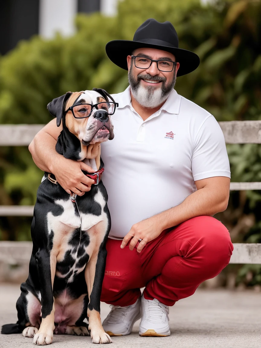 Veste roupas da moda, mesa,alta qualidade,altamente detalhado,cena intensa, solid, Gritty Reality Scenario for 42 Year Old Sexy Fat Bearded Man,cheio de suor,corpo todo,barriga grande, ((wearing prescription glasses or Sport glasses with red transfer lenses 60%)), smiling Laughing expression of great happiness, wearing a hat or wearing a hat on the head, ((Vestindo blusa de passeio, uma bermuda branco)),rosto atordoado,Abra as pernas, Florida square environment luxurious outdoor place, He walks his English Cocker Spaniel or English Bulldog, Dalmatians, collie, Maltese, he affectionately holds the dog in his arm or holds him petting him on his lap. (The dog doesn&#39;t wear glasses).Fotografia RAW, melhor qualidade, obra-prima, impressive lighting, C4D, OC rendering, cinematic edge light, luz fina, obra-prima, super detalhe, Epic composition, ultra HD, alta qualidade, 32k delicado e bonito, extremamente detalhado, CG, unidade, papel de parede 8k, incredible detailed, finamente detalhado, obra-prima, melhor qualidade, arte oficial, unidade CG extremamente detalhada 8k papel de parede, ultra-detalhado, high resolution , extremamente detalhado, claro, focado, (melhor qualidade), (realista, fotorrealista:1.6), 8k, soft lighting, alta qualidade, cinematic lighting, centrado, corpo inteiro, (suor:1), perfeito dedos, 