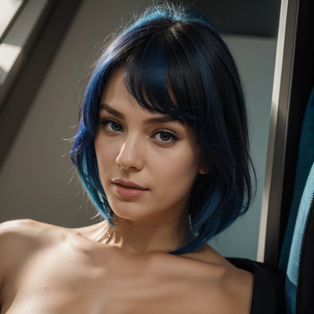 1 girl, blue hair, naked body, pubic hair, good natural lighting, intricate details, hyper realistic, photorealistic, porcelain skin, beautiful detailed eyes, beautiful detailed lips, extremely detailed face, long eyelashes, elegant pose, subtle smile, soft lighting, natural skin texture, depth of field, high quality, 8k, masterpiece