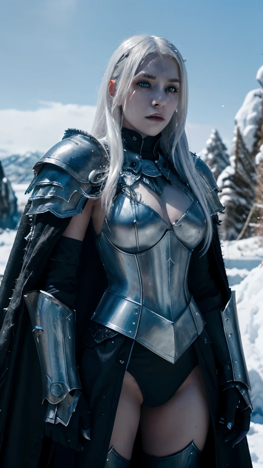 A portrait photo of beautiful girl, undead girl, scary face, pale white skin and white hair, blue eyes, developed body, wearing heavy death knight armor , black colored armors, the armors is highly detailed engraved and embossed. Black furry cape, ice hills background, snowy and icy environment, hyper realistic photo, full body shot, fantasy photo