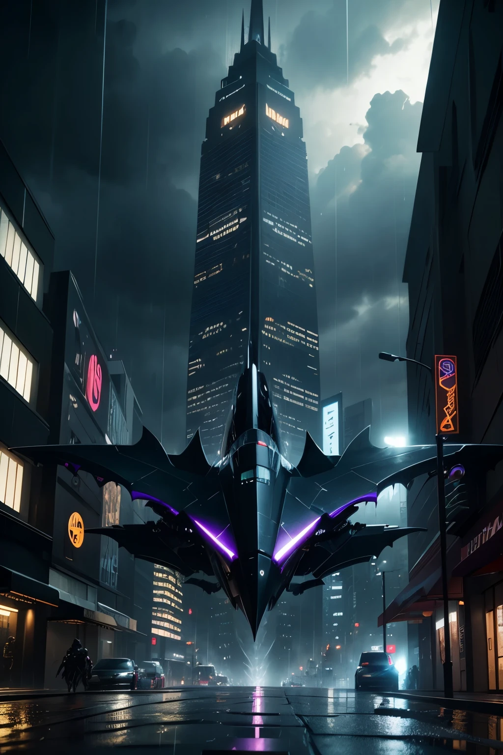 a futuristic Batman fighter plane in the rain in a city at night, ultra-detalhado, realistic, foto premiada, SDXL, 8k, HDR, studio lighting, vivid colors, detailed reflections, asfalto molhado, Luzes de rua brilhantes, dramatic atmosphere, design elegante, dynamic motion blur, Cityscape, Arquitetura inspirada em Gotham, gotas de chuva fortes, tempestade, atmosfera mal-humorada, neon lights, acabamento brilhante, Advanced technology, sombras escuras, Heroic presence, Powerful aesthetics, alto contraste, film composition