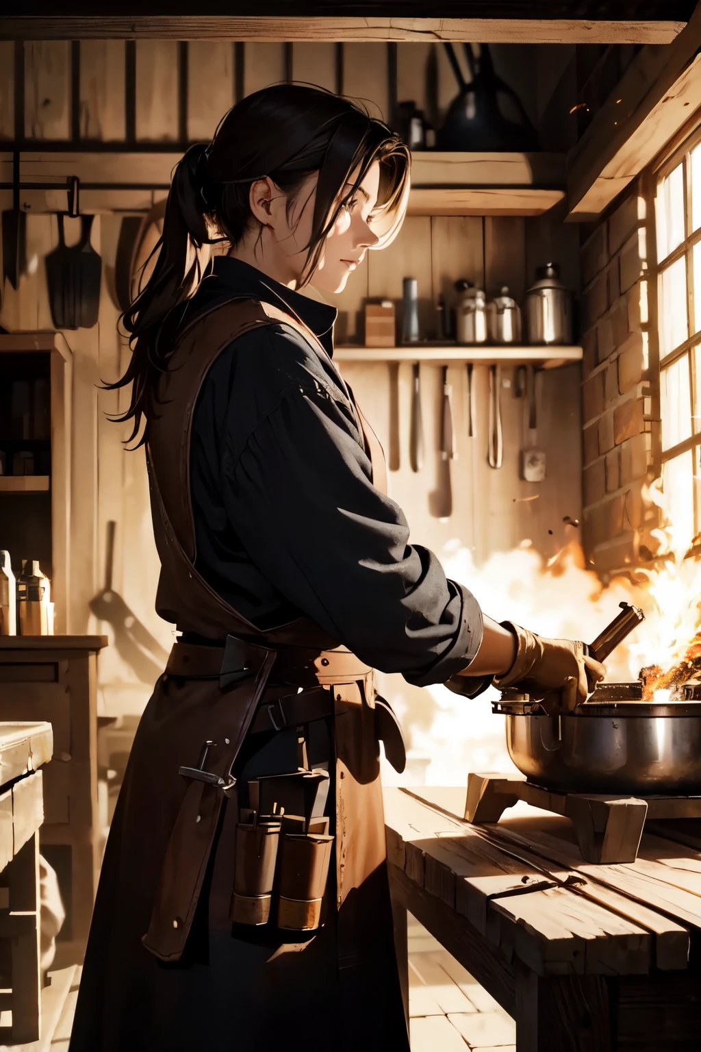 Masterpiece, best quality, 12,000 pixels, ultra-detailed,
19th century firearms forge,
solo,
realistic portrait,
blacksmith in a dimly lit workshop,
hot glowing metal, sparks flying,
blacksmith hammering an iron bar on an anvil,
smoke billowing from the forge,
piles of metal tools, workbenches covered in tools and materials,
coal-fired furnace casting an ominous light,
historically accurate clothing and attire,
heavy-duty leather apron and gloves,
worn wooden floor and walls,
dusty atmosphere,