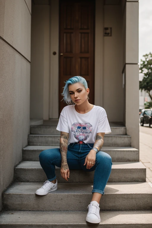 Street photography, striking facial features woman, pastel hair, side shaved, wearing t-shirt, arms tattoos, cinematic lighting, siting on concrete stairs, shot on Fujifilm XT3