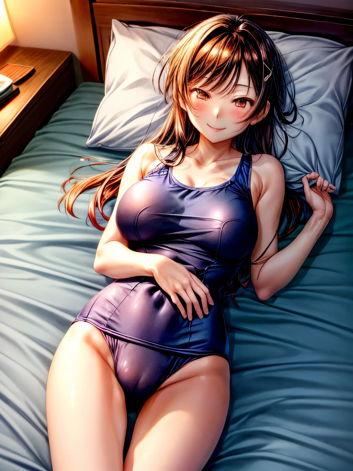 chizuru, big breasts, 1 Beautiful Girl、A woman wearing a navy blue one-piece school swimsuit、bare hands、barefoot、big smile、Bedroom、bed、Lie with your head on the pillow