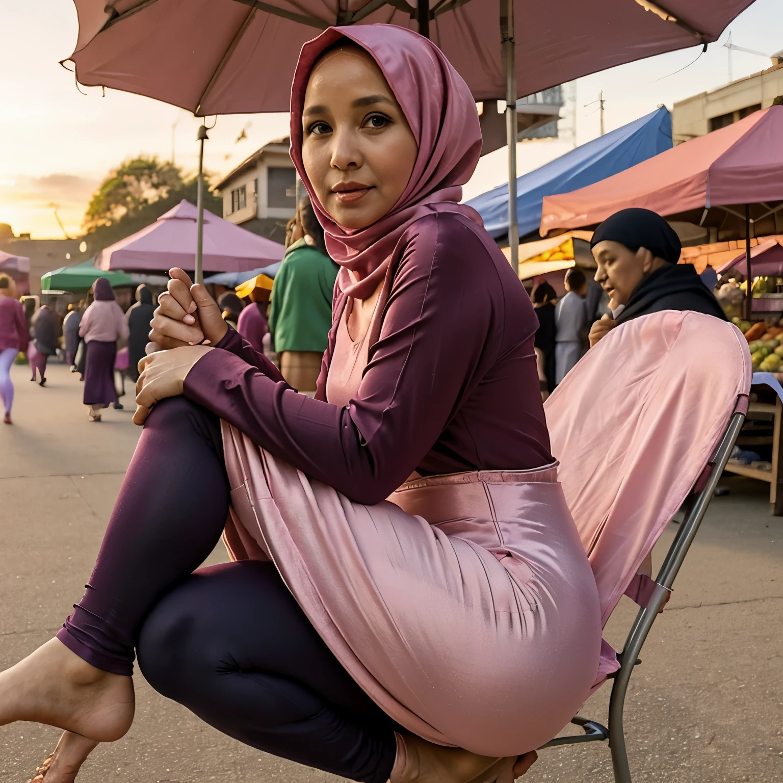 50 years old mother (pink,robe satin,hijab,spandex legging),looking at viewer, play with leggings, summer , at market , hot, sunset,