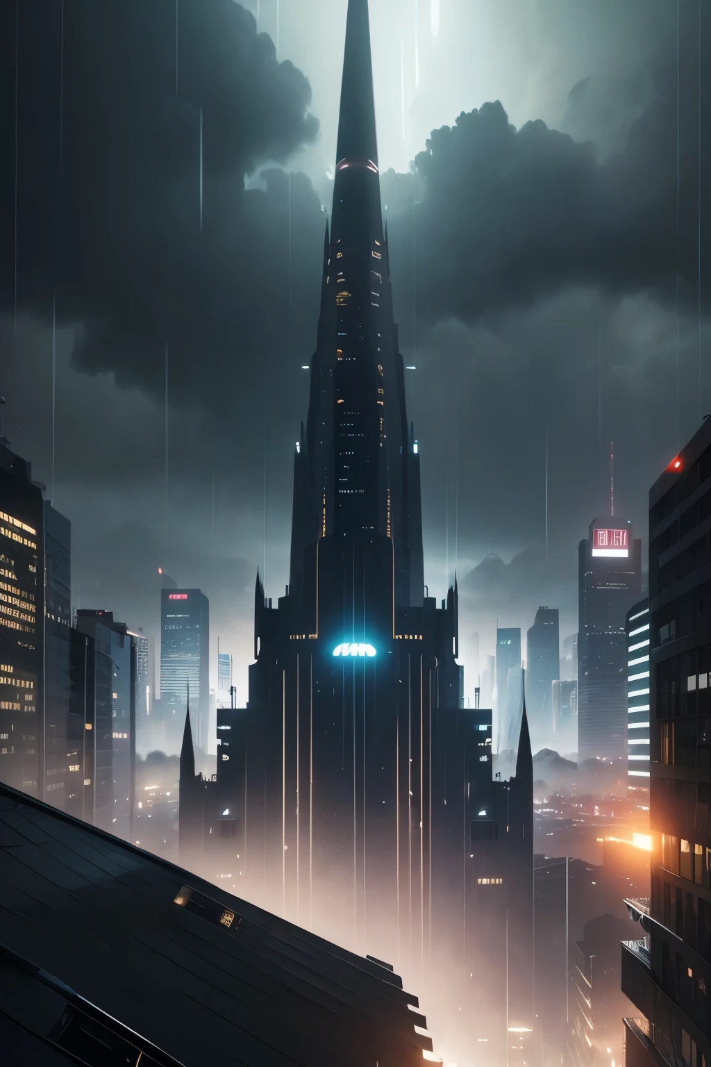 a futuristic Batman fighter plane in the rain in a city at night, foto ultradetalhada, realista e premiada, SDXL, 8k, HDR, studio lighting, cores vivas, reflexos detalhados, asfalto molhado, luzes de rua brilhantes, dramatic atmosphere , design elegante, dynamic motion blur, paisagem urbana, arquitetura inspirada em Gotham, fortes gotas de chuva, tempestade, atmosfera temperamental, neon lights, acabamento brilhante, advanced technology, sombras escuras, Heroic presence, Powerful aesthetics, alto contraste, film composition