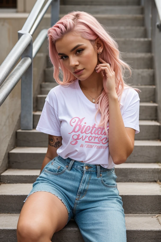 Street photography, striking facial features woman, pastel pink hair, side shaved, wearing t-shirt, arms tattoos, cinematic lighting, siting on concrete stairs, shot on Fujifilm XT3
