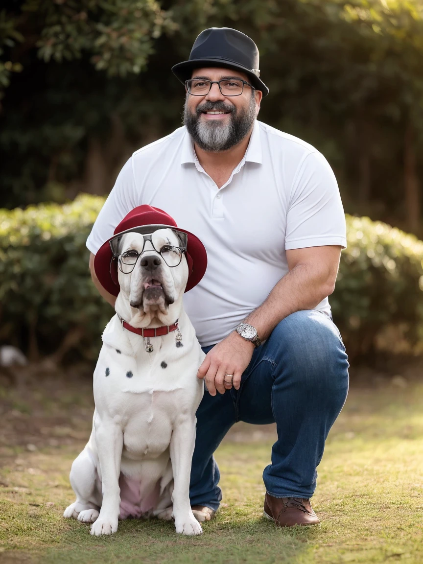 Veste roupas da moda, mesa,alta qualidade,altamente detalhado,cena intensa, solid, Gritty Reality Scenario for 42 Year Old Sexy Fat Bearded Man,cheio de suor,corpo todo,barriga grande, ((only the man is wearing prescription glasses or glasses Sport lenses red transfer 60%)), smiling Laughing expression of great happiness, wearing a hat or wearing a hat on the head, ((Vestindo blusa de passeio, uma bermuda branco)),rosto atordoado,Abra as pernas, Florida square environment luxurious outdoor place, He walks his English Cocker Spaniel or English Bulldog, Dalmatians, collie, Maltese, he affectionately holds the dog in his arm or holds him petting him on his lap. (The dog doesn&#39;t wear glasses).Fotografia RAW, melhor qualidade, obra-prima, impressive lighting, C4D, OC rendering, cinematic edge light, luz fina, obra-prima, super detalhe, Epic composition, ultra HD, alta qualidade, 32k delicado e bonito, extremamente detalhado, CG, unidade, papel de parede 8k, incredible detailed, finamente detalhado, obra-prima, melhor qualidade, arte oficial, unidade CG extremamente detalhada 8k papel de parede, ultra-detalhado, high resolution , extremamente detalhado, claro, focado, (melhor qualidade), (realista, fotorrealista:1.6), 8k, soft lighting, alta qualidade, cinematic lighting, centrado, corpo inteiro, (suor:1), perfeito dedos, 