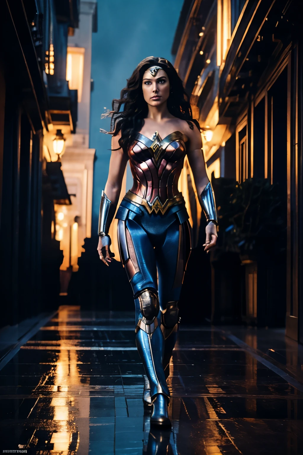 wonder woman 2099, full body photo of wonder woman 2099 in blue, red and gold  armor futuristic style costume, wonder woman 2099, looking at the center camera, perfect composition, beautiful intricately detailed and detailed octane rendering, trending on artstation, 8k artistic photography , photorealistic concept art, smooth natural volumetric cinematic perfect light, chiaroscuro, award-winning photography, masterpiece, oil on canvas, raphael, caravaggio, greg rutkowski, beeple, beksinski, giger, trends in artstation, sharp focus, studio photo, intricate details , highly detailed, night city background,