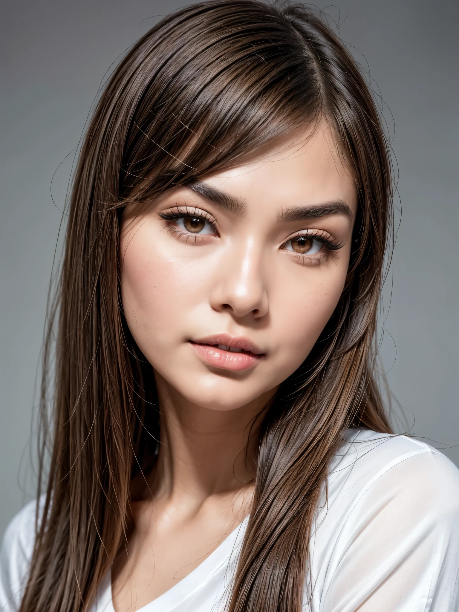 chines girl Christine Bella brown hair, brown hair ((long straight brown hair)), ((small breasts: 1.0)) mia khalifa ((soft eyebrow)) ((brown thicker eyebrows)) sexy face, like ester exposito, brown hair goddess, 24 years old, One girl, natural blue eyes, ((make-up: 1.2)), ((wide shot)), wearing white shirt, photoshoot, studio shoot, solid background, ((portrait)), photo face, ((face photo)), detail on face, closeup on face, 24y old, 24 year old, japanes girl, ((front view))