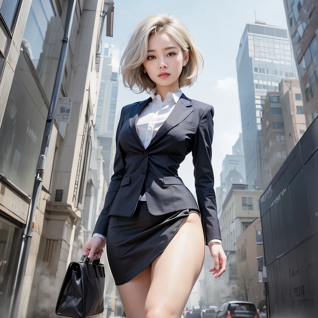 Beautiful asian woman, white hair, short hair, office suit