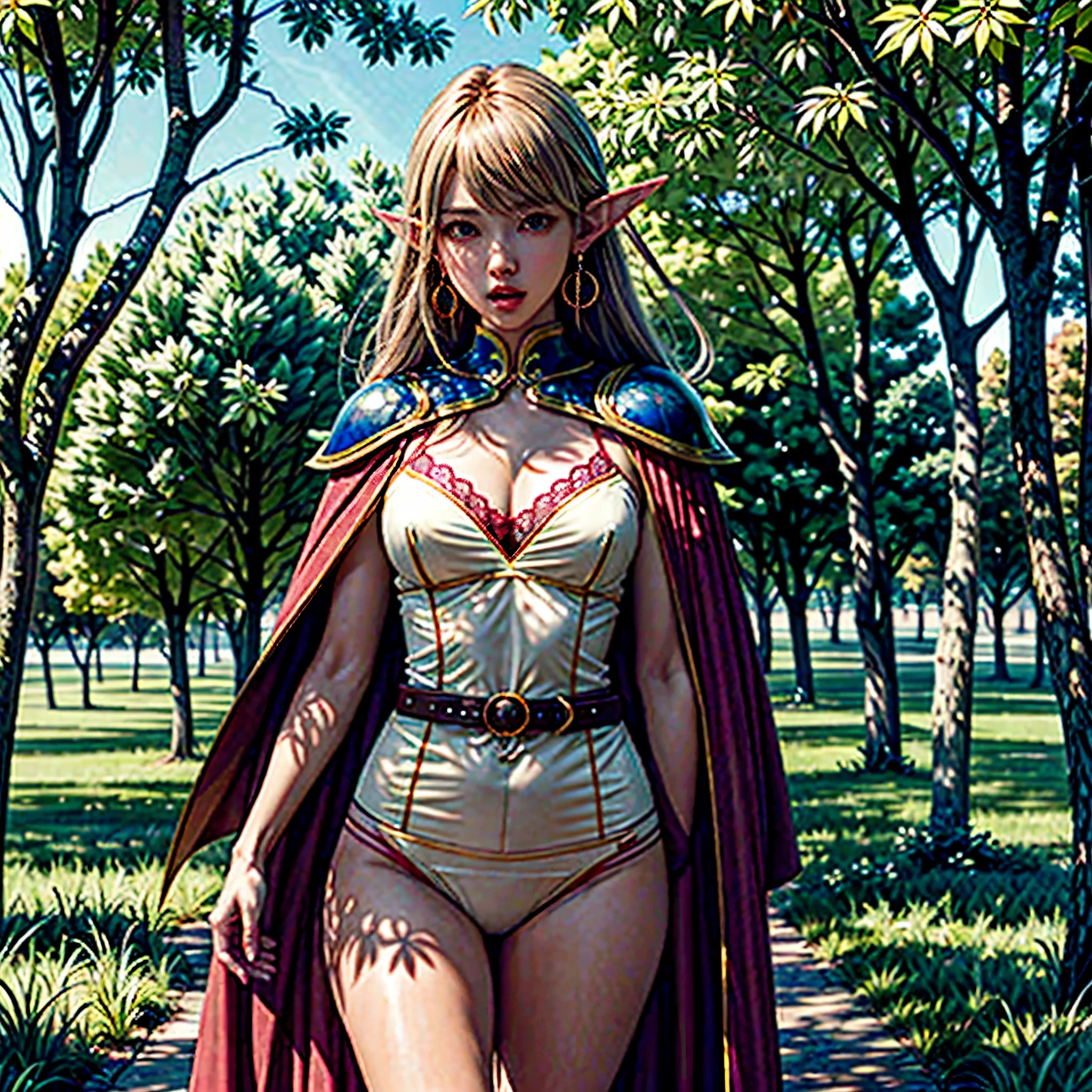 ANI_CLASSIC_deedlit_ownwaifu www.ownwaifu.com,(extremely detailed fine touch:1.2) Elf (natural light, sun light, light rays, dappled light, ray tracing:1.2), mature female , masterpiece, ultra best quality, ultra highly quality , elf pointy ears, blonde hair, long hair, circlet, green eyes, long pointy ears, very long hair, breasts, medium breasts, earrings, lips, makeup, bangs, cape, armor, blue cape, shoulder armor, pauldrons, gloves, breastplate, belt, green dress, short dress, looking at viewer, blush, open mouth, standing, (Masterpiece, extremely detailed CG, sharp line),deedlit, offcial art, Colorful, Beautiful Japanese anime style，Extremely detailed eyes and face，Sharp pupils，realistic pupil，In the woods、cabellos largos dorados，Black lace panties，Slender thighs, varies multi etc. --v 6 --s 1000 --c 20 --q 20 --chaos 100