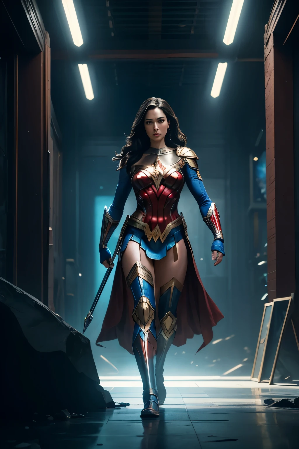 wonder woman 2099, full body photo of wonder woman 2099 in blue, red and gold armor futuristic style costume, wonder woman 2099, looking at the center camera, perfect composition, beautiful intricately detailed and detailed octane rendering, trending on artstation, 8k artistic photography , photorealistic concept art, smooth natural volumetric cinematic perfect light, chiaroscuro, award-winning photography, masterpiece, oil on canvas, raphael, caravaggio, greg rutkowski, beeple, beksinski, giger, trends in artstation, sharp focus, studio photo, intricate details , highly detailed, night city background,