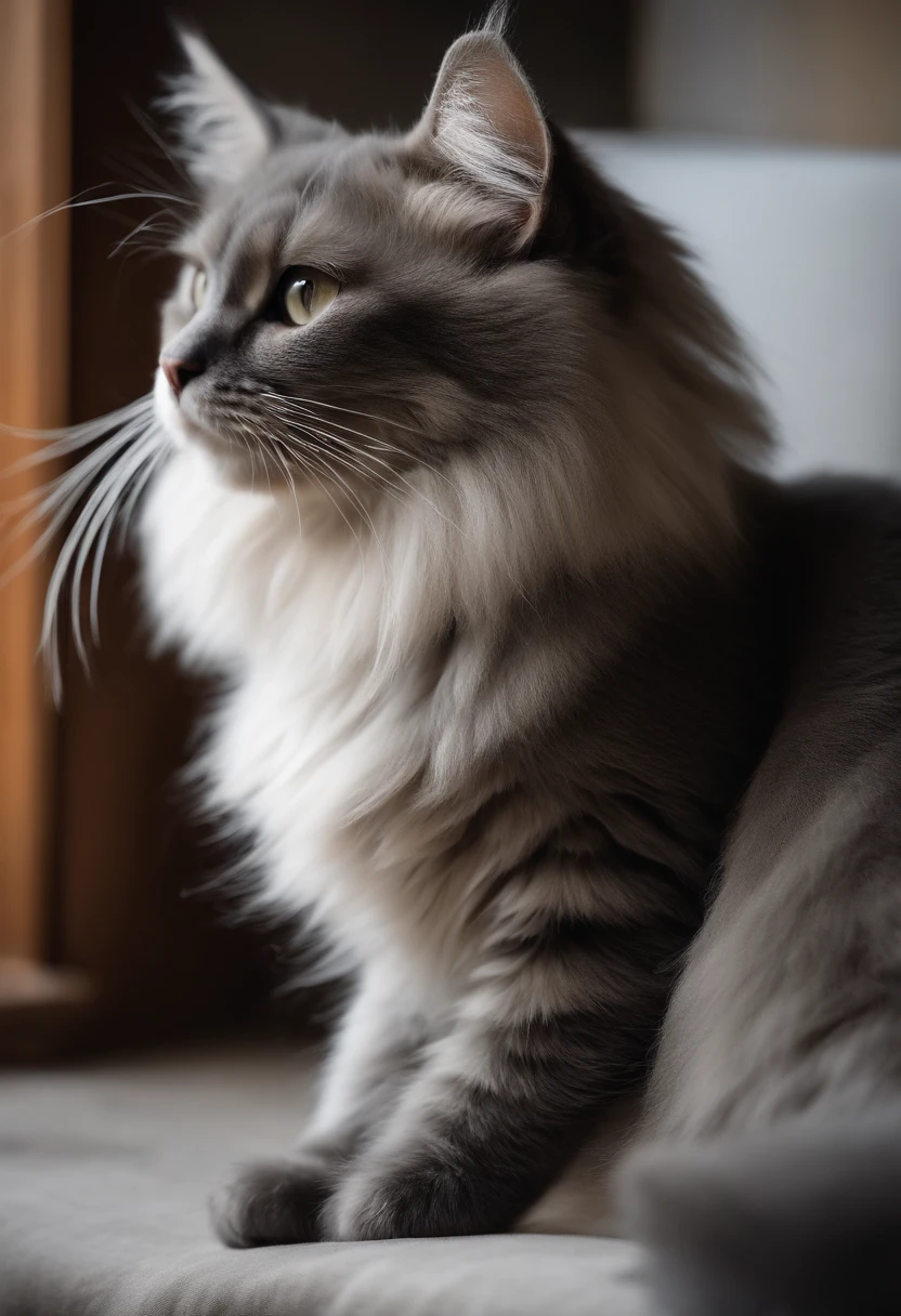 Breed Silver Gradient Long Hair Cat，Body hair silver，play，Lazy，Located in the villa, Spiral staircase，Light on the left，window