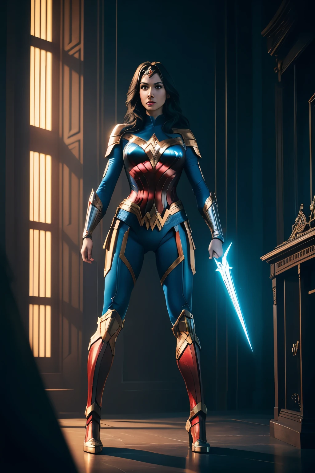 wonder woman 2099, full body photo of wonder woman 2099 in blue, red and gold  armor futuristic style costume, wonder woman 2099, looking at the center camera, perfect composition, beautiful intricately detailed and detailed octane rendering, trending on artstation, 8k artistic photography , photorealistic concept art, smooth natural volumetric cinematic perfect light, chiaroscuro, award-winning photography, masterpiece, oil on canvas, raphael, caravaggio, greg rutkowski, beeple, beksinski, giger, trends in artstation, sharp focus, studio photo, intricate details , highly detailed, night city background,