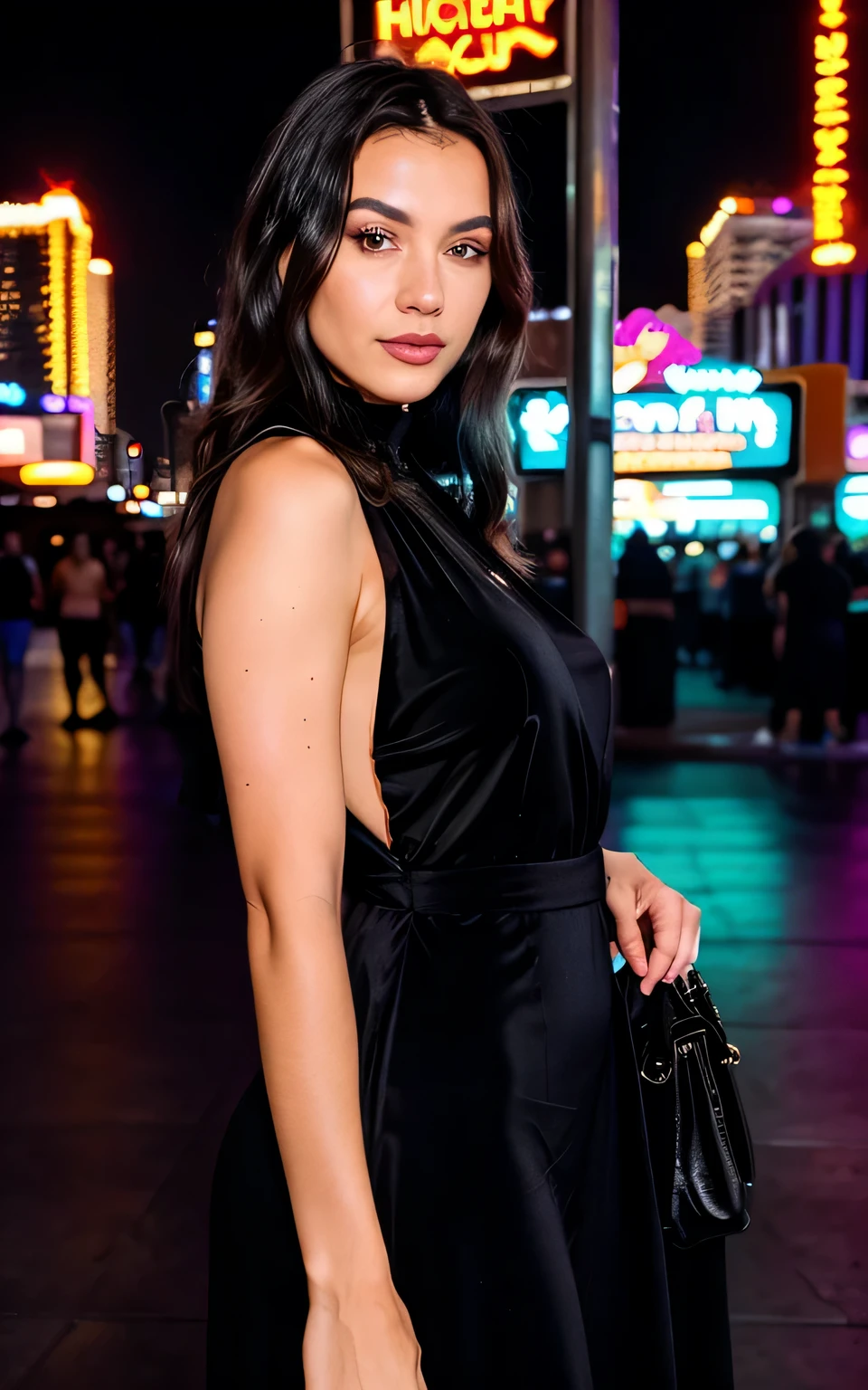 photorealistic, best quality, hyper detailed, beautiful woman, selfie photo, upper body, solo, wearing black long dress, standing next to the hotel in Las Vegas, night, nightlife, neon lighting, big city(cheerful, happy),  analog style, looking at viewer, skin texture, film grain, close up, ultra high res, best shadow, RAW, instagram LUT