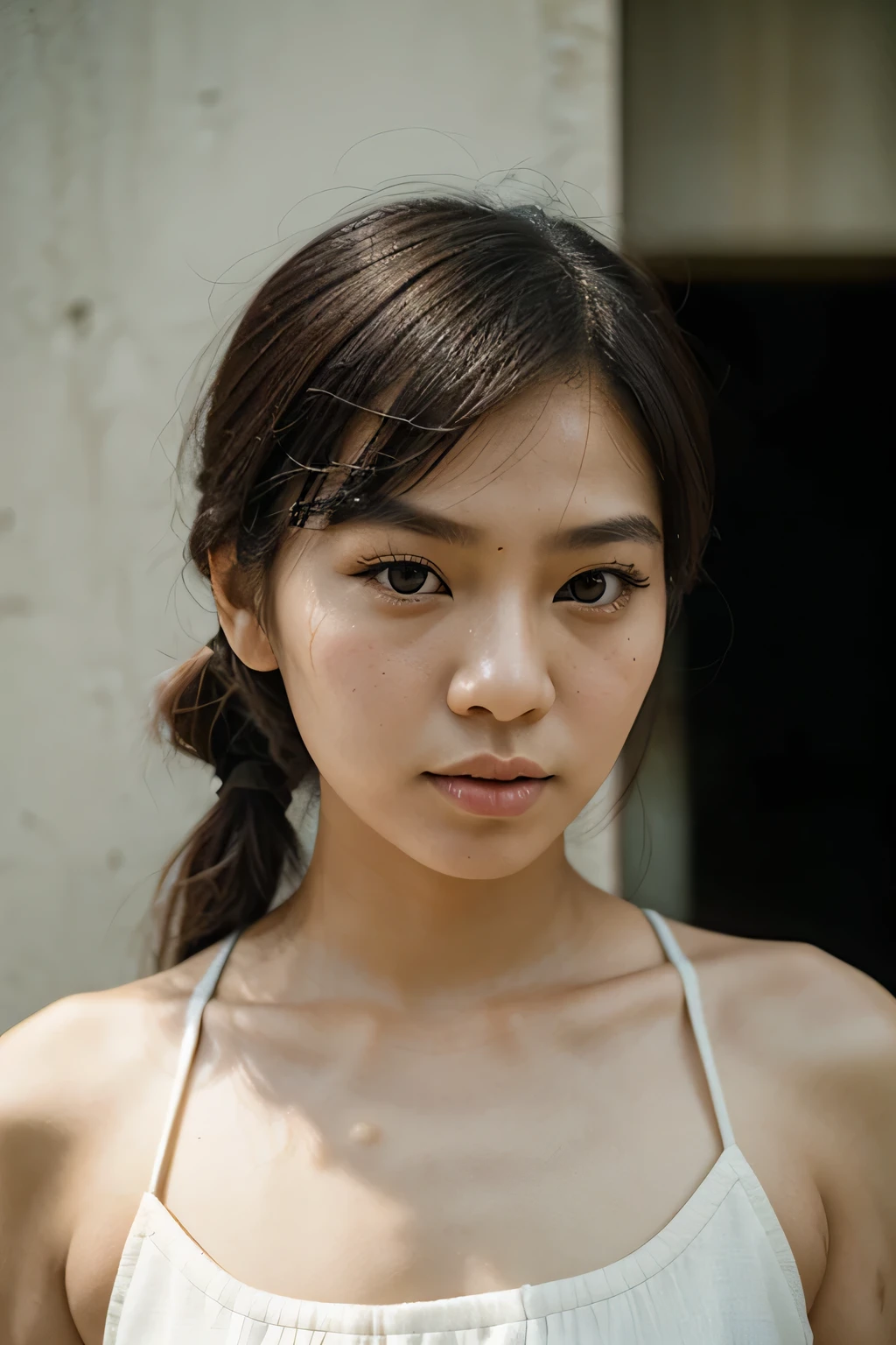 analog style, thai (transgender girl), Pakpao Arun Wattana, face portrait, hard features, hollow face, pale skin, hair with short even bang on forehead, two French bread ponytails at sides of head, light makeup, (high quality), film grain