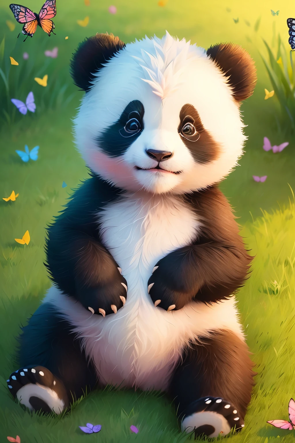 (a cute panda cub,playful,adorable),(sitting on the grass,relaxed,joyful),(playing with butterflies,happy,butterfly),(very colorful image,vibrant colors),(great quality,high-res,image:1.2),(award-winning photo,professional),(8k,high resolution)