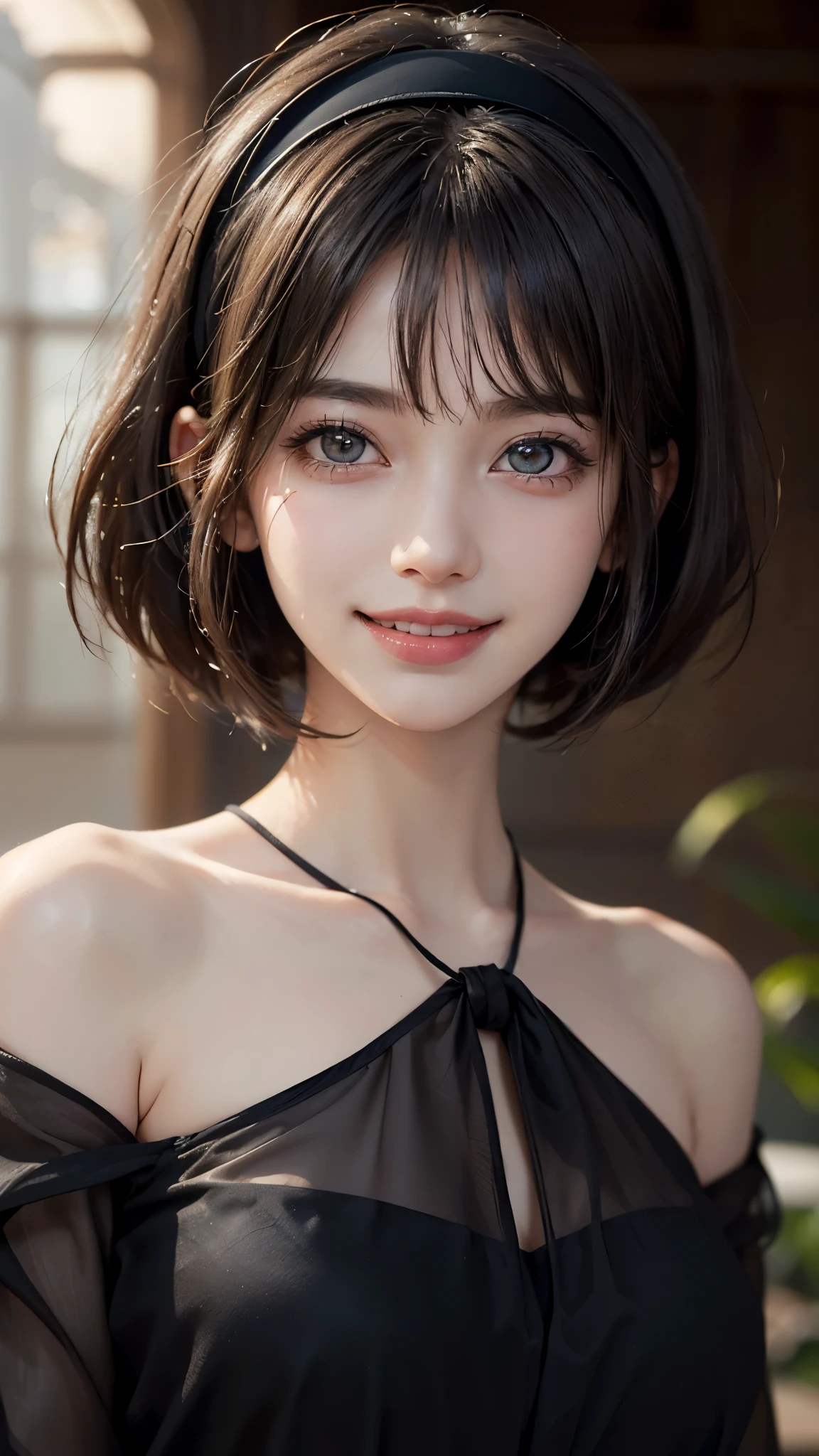 (UHD, retina, masterpiece, accurate, anatomically_correct, textured_skin, super_detail, high_details, high_quality, best_quality, high_res, 1080P, HD, 4K, 8k, 16k), (beautiful_detailed_eyes, beautiful_detailed_lips, extremely_detailed_eyes_and_face), (soft_lighting:1.5), physically-based_rendering, vivid_colors, (large_breasts:1.5), (shiny_hair, shiny_skin, tanned_skin, blush), (bangs:1.5), eye_reflection, (bokeh), (smile_and_laugh, bob_cut, hairband, blouse:1.5), (two-tone_color, silver_&_navy),