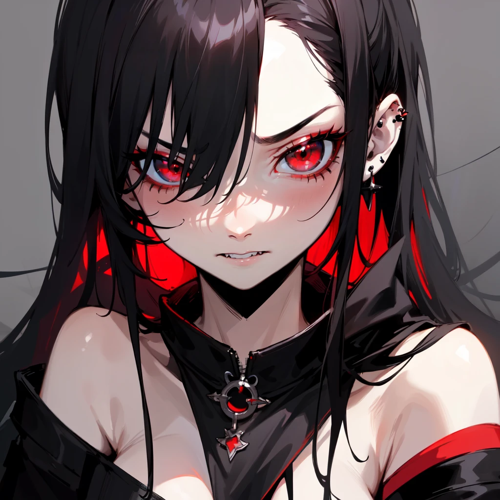 (highres, 8K, masterpiece:1.2), piercing, rude, woman with black hair, looking at viewer, red eyes, unconventional beauty, intense gaze, provocative expression, vibrant personality, dramatic lighting, contrasting colors, anime style. devil. evil expression