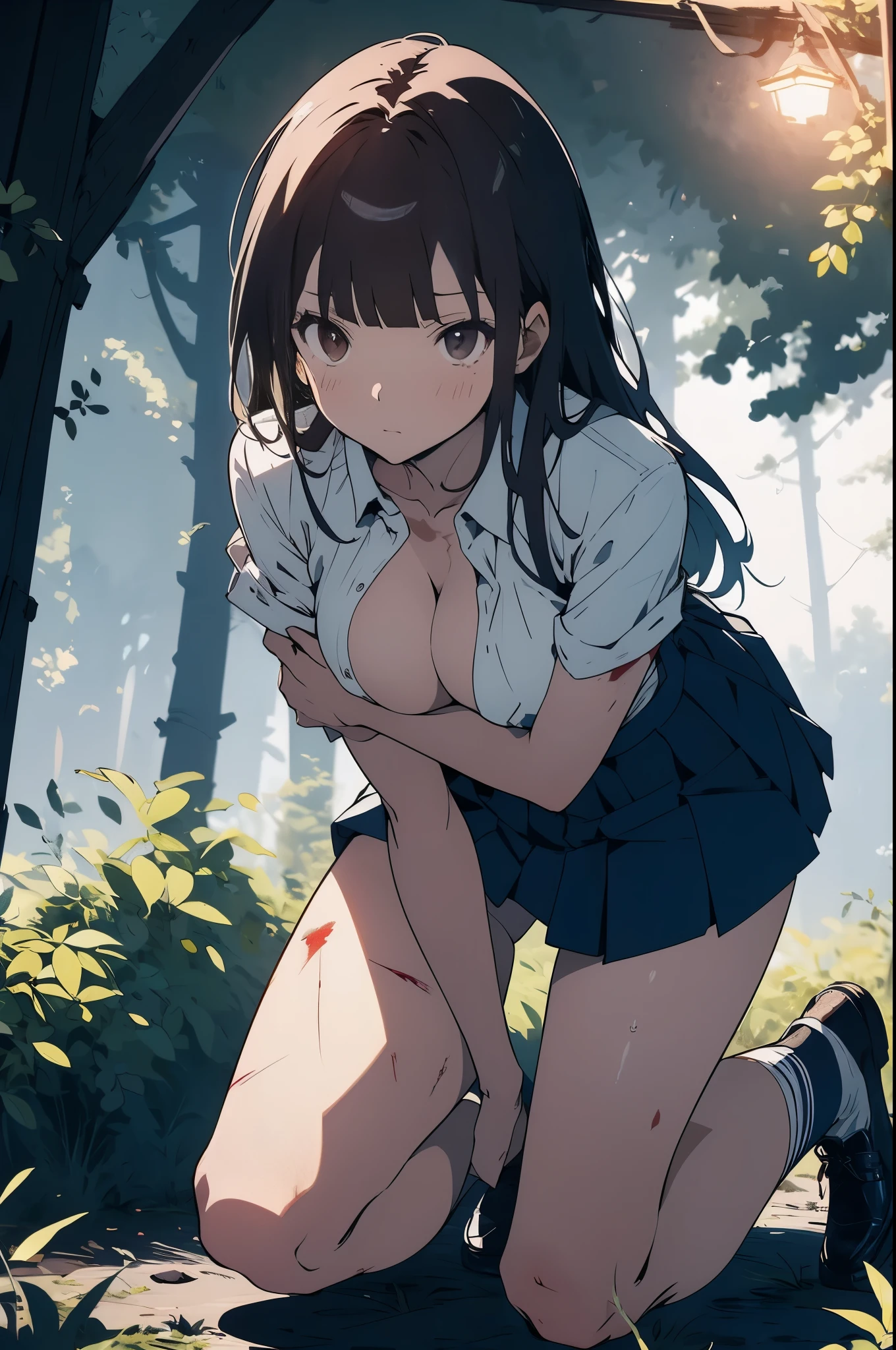 (masterpiece,Best Quality,Detailed beautiful face and eyes,Perfect Anatomy,beautiful illustrations,best anime)、20歳の美女、brown hair、long hair ,blunt bangs,brown eyes,terful,痛がる表情,
