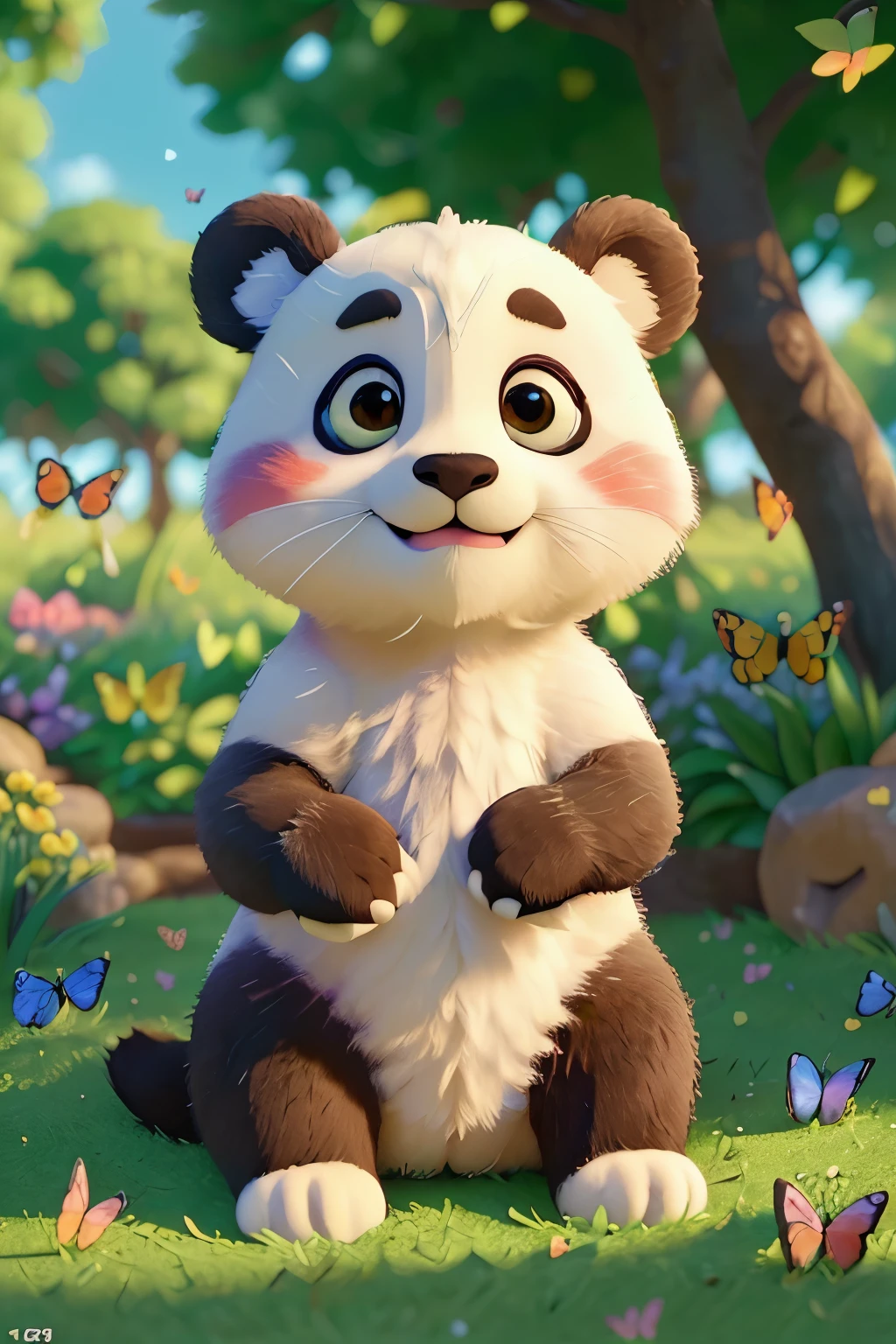 (a cute panda cub:1.1),(sitting on the grass:1.1),(playing with butterflies:1.1),(very colorful:1.1, vibrant),(image),(great quality:1.2),(award-winning photo),(8k resolution),(vivid colors),(bokeh),(lush green grass),(butterflies flying around),(sunlight streaming through the leaves),(playful atmosphere),(sharp focus),(ultra-detailed),(photorealistic:1.37),(beautifully captured),(masterpiece:1.2)
