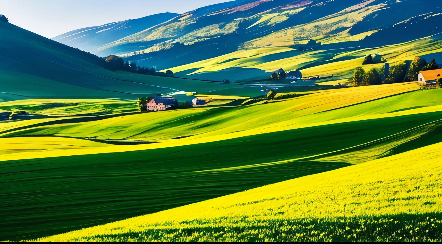 Spring season. picturesque landscape, village. view of meadow, hills, sun, grass, spring