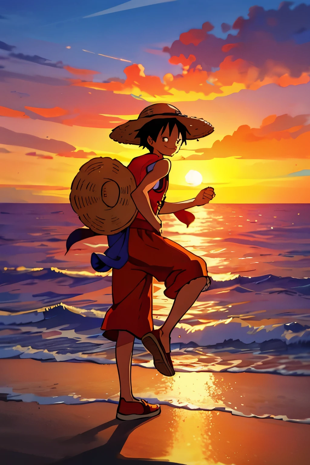 Monkey D. Luffy, with his signature straw hat askew, stands in a vibrant and lively scene. In one hand, he holds a weathered sneaker, its laces untied and shoes worn out from numerous adventures at sea. His expression is determined, as if deep in thought or contemplating his next move. Surrounding Luffy is a jovial and lively atmosphere, filled with a burst of colors and energy, reflecting the spirit of the Straw Hat Pirates. The sun sets in the background, casting a warm and golden glow over the scene, adding a sense of tranquility and contentment.
To complete the description, here are a few options:
1