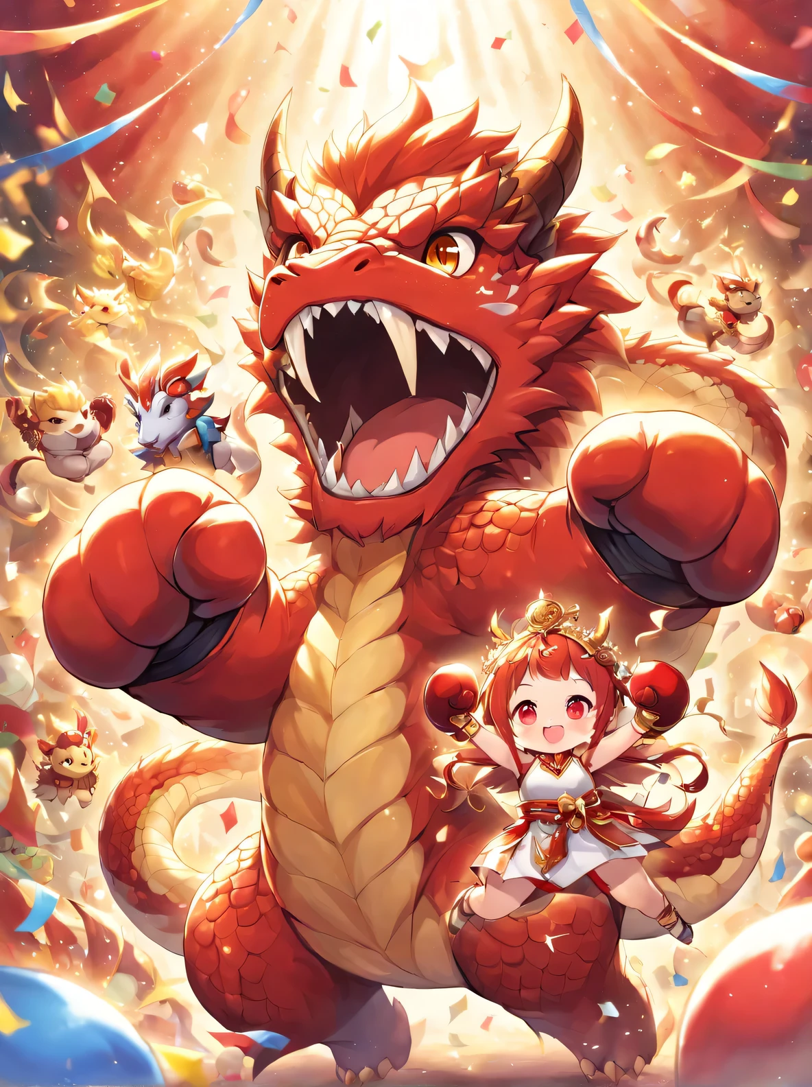 Boxing Dragon presents delightful and whimsical scenes, Anthropomorphic in a chibi style, take center stage. This adorable creature is dressed in bright red, Kaneko, and white, Symbol of joy, luck, and purity. Its round, The chubby body and oversized head make it look irresistibly cute, And its little fists are wrapped in boxing gloves. The dragon&#39;s face is decorated with playful expressions, Keep your eyes open, red face, and naughty smile. The air is filled with confetti and streamers, adding to the festive ambiance, When the dragon strikes a dynamic pose, Prepare to punch. Despite being petite, Dragon exudes confidence and determination, Show the indomitable spirit of a champion. The delightful fusion of boxing and mythical creatures embodies joyful celebrations, Capturing the essence of fun, Excited, Integrate harmoniously with cuteness.