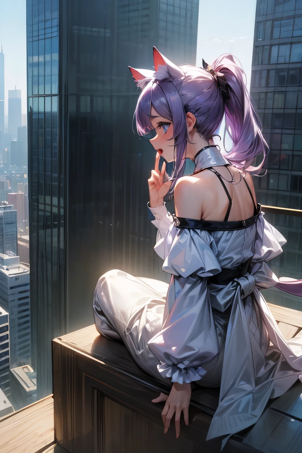 ((Masterpiece)), ((best quality)), (Professional Photography), from behind, (Photorealsitic:1.3), (super detailed), profile, ((sitting on Skyscraper edge, outdoor)), open mouth and laughing, 1girl, cute, ((seductive Pose)), (put on cat ears), messy long ponytail, pale purple hair, cute eyes, (white sleeves), (Off-shoulder long sleeves), cityscape, high res, ((beautiful eyes)),