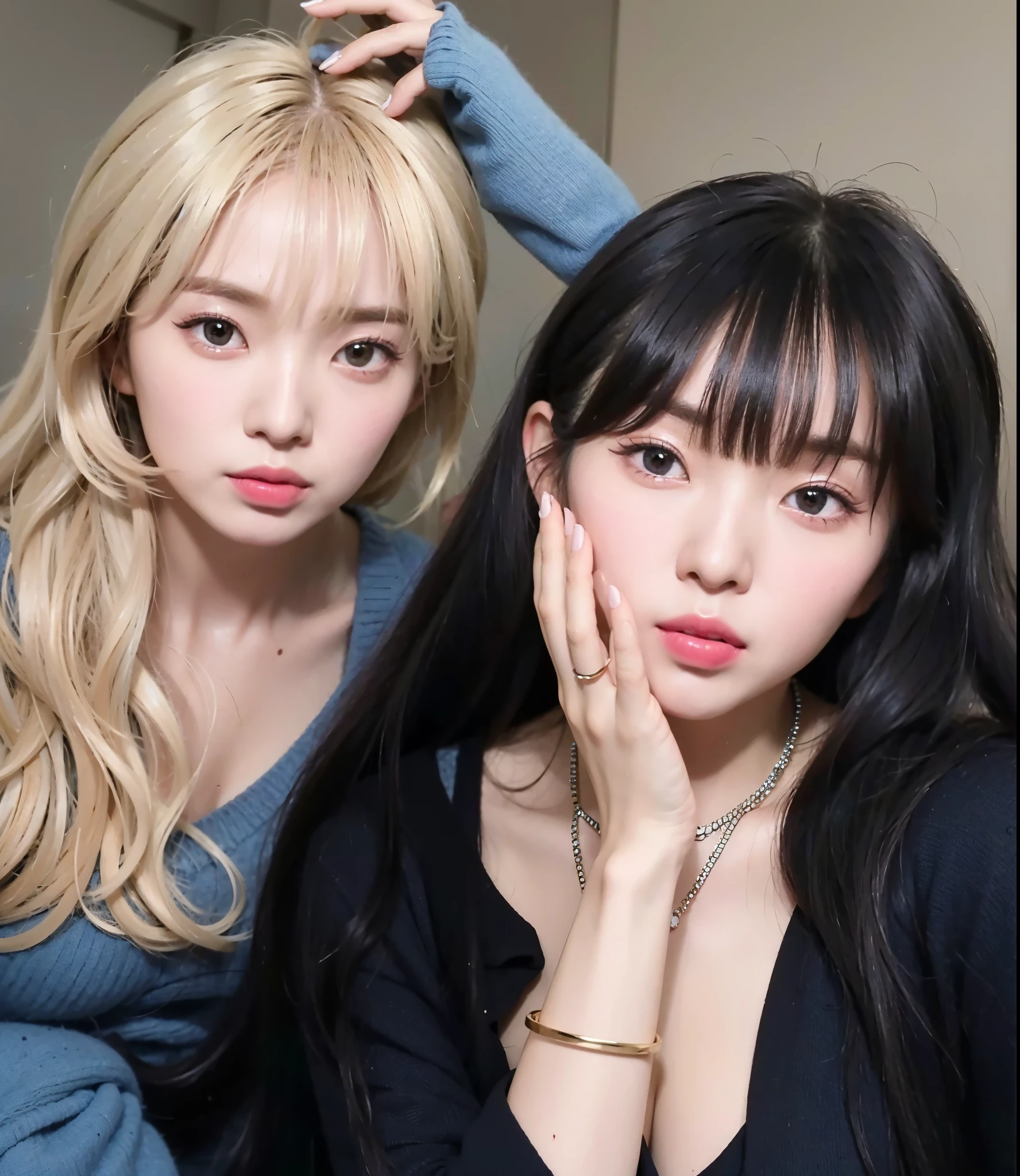 Dos mujeres con el pelo largo y flequillo posando para una foto, ulzzang, maquillaje popular de corea del sur, nixeu y sakimichan, Lalisa Manobal, con flequillo completo, maquillaje coreano popular, con flequillo, con negro, she has black hair con flequillo, long hair con flequillo completo, long hair con flequillo, pelo largo y blanco y flequillo