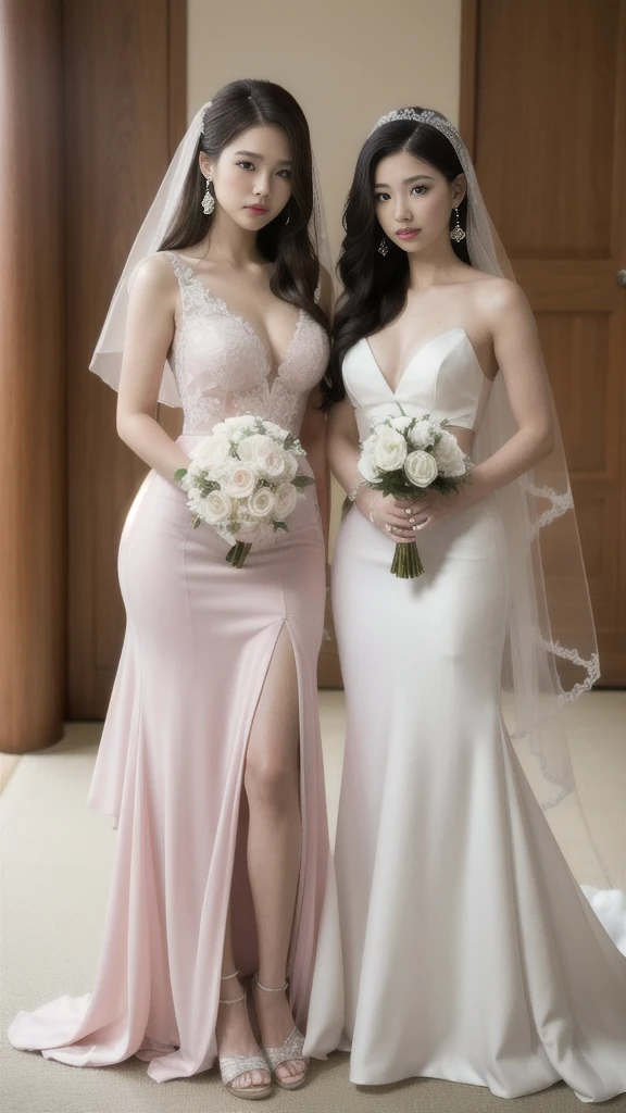 (8k, RAW photo, best quality, masterpiece:1.2),(realistic, photo-realistic:1.37),(Ultra-realistic 8k CG: 1.2), Ultra High Resolution, (two girls, a Japanese girl and an Indonesian girl:1.6), bare shoulders, Cinematic lighting, (red longdress wedding dress:1.5),(SFW:1.3),(Full Body:1.7),(cute face:1.3),(big breasts:1.3),(high heels:1.3),(big hips1.3), (medium thighs:1.3),(covered breasts:1.3),(bust cleavage:1.1),(lipgloss:1.3),(Cute eyes:1.3),(Red lips:1.3),(Smooth skin texture:1.3),( Precise and perfect human anatomy: 1.3),(Beautiful and perfect facial features: 1.3), (Long eyelashes: 1.3),(Red lips: 1.3),(Shiny and textured lips: 1.3),(Smooth skin texture: 1.3),(earrings: 1.3),(Beautiful detailed eyes: 1.3),(Natural Color Lips: 1.3),(Beautiful face: 1.3),(Wedding Bridal Veil With Comb:1.6),(Wedding Garte:1.6),(Wedding Hair:1.6)