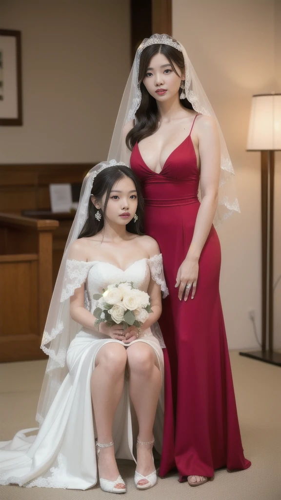 (8k, RAW photo, best quality, masterpiece:1.2),(realistic, photo-realistic:1.37),(Ultra-realistic 8k CG: 1.2), Ultra High Resolution, (two girls, a Japanese girl and an Indonesian girl:1.6), bare shoulders, Cinematic lighting, (red longdress wedding dress:1.5),(SFW:1.3),(Full Body:1.7),(cute face:1.3),(big breasts:1.3),(high heels:1.3),(big hips1.3), (medium thighs:1.3),(covered breasts:1.3),(bust cleavage:1.1),(lipgloss:1.3),(Cute eyes:1.3),(Red lips:1.3),(Smooth skin texture:1.3),( Precise and perfect human anatomy: 1.3),(Beautiful and perfect facial features: 1.3), (Long eyelashes: 1.3),(Red lips: 1.3),(Shiny and textured lips: 1.3),(Smooth skin texture: 1.3),(earrings: 1.3),(Beautiful detailed eyes: 1.3),(Natural Color Lips: 1.3),(Beautiful face: 1.3),(Wedding Bridal Veil With Comb:1.6),(Wedding Garte:1.6),(Wedding Hair:1.6)