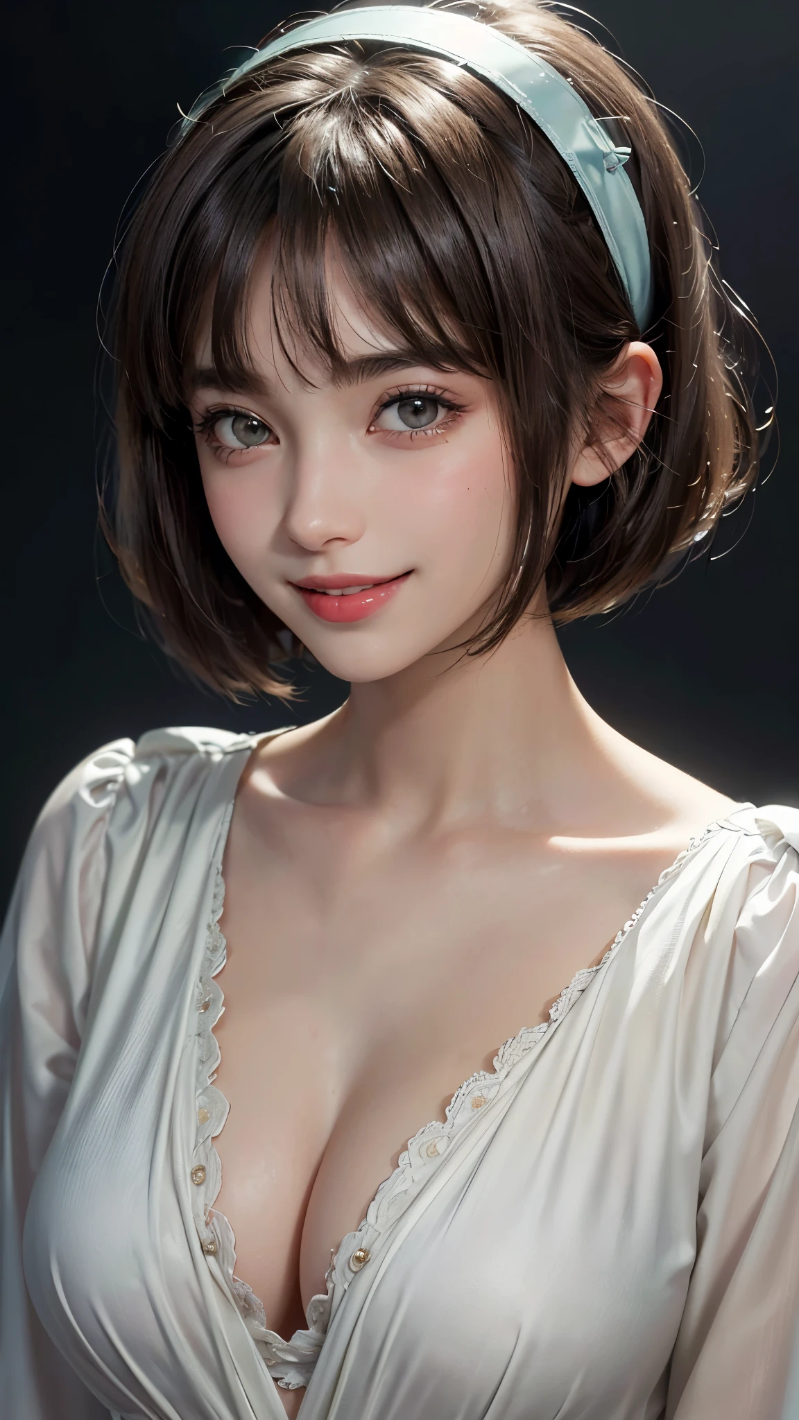 (UHD, retina, masterpiece, accurate, anatomically_correct, textured_skin, super_detail, high_details, high_quality, best_quality, high_res, 1080P, HD, 4K, 8k, 16k), (beautiful_detailed_eyes, beautiful_detailed_lips, extremely_detailed_eyes_and_face), (soft_lighting:1.5), physically-based_rendering, vivid_colors, (large_breasts:1.5), (shiny_hair, shiny_skin, tanned_skin, blush), (bangs:1.5), eye_reflection, (bokeh), (smile_and_laugh, bob_cut, hairband, blouse:1.5), (two-tone_color, black_&_white),