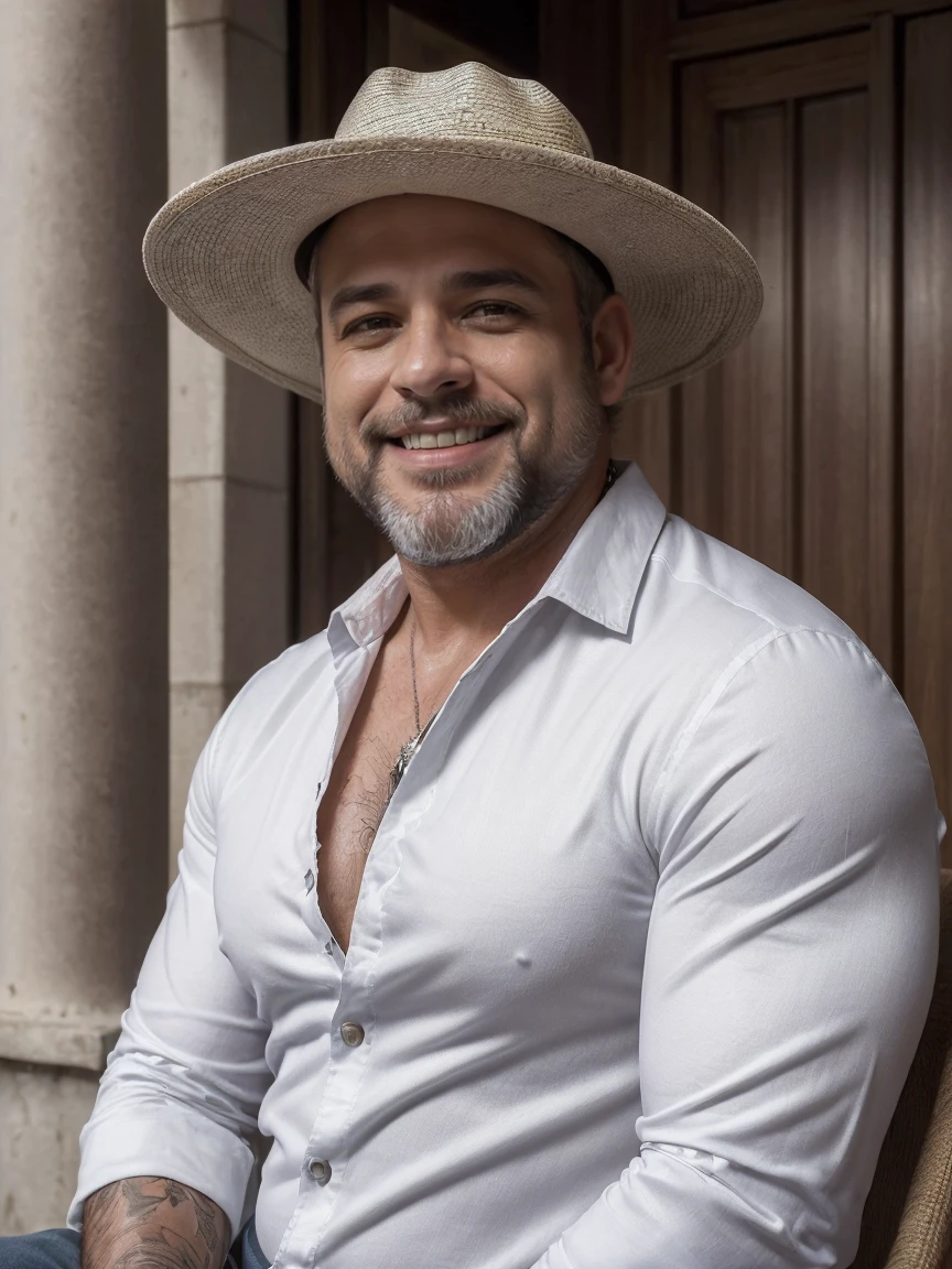 (((Veste roupas da moda, mesa,alta qualidade,altamente detalhado,cena intensa, solid, Gritty Reality Scenario for 42 Year Old Sexy Fat Bearded Man,cheio de suor,corpo todo,barriga grande, , smiling Laughing expression of great happiness, wearing a hat or wearing a hat on the head, ((Vestindo blusa de passeio, uma bermuda branco)),rosto atordoado,Abra as pernas, Florida square environment luxurious outdoor place, He walks his English Cocker Spaniel or English Bulldog, Dalmatians, collie, Maltese, he affectionately holds the dog in his arm or holds him petting him on his lap))). Fotografia , melhor qualidade, obra-prima, impressive lighting, C4D, OC rendering, cinematic edge light, luz fina, obra-prima, super detalhe, Epic composition, ultra HD, alta qualidade, 32k delicado e bonito, extremamente detalhado, CG, unidade, papel de parede 8k, incredible detailed, finamente detalhado, obra-prima, melhor qualidade, arte oficial, unidade CG extremamente detalhada 8k papel de parede, ultra-detalhado, high resolution , extremamente detalhado, claro, focado, (melhor qualidade), (realista, fotorrealista:1.6), 8k, soft lighting, alta qualidade, cinematic lighting, centrado, corpo inteiro, (suor:1), perfeito dedos,