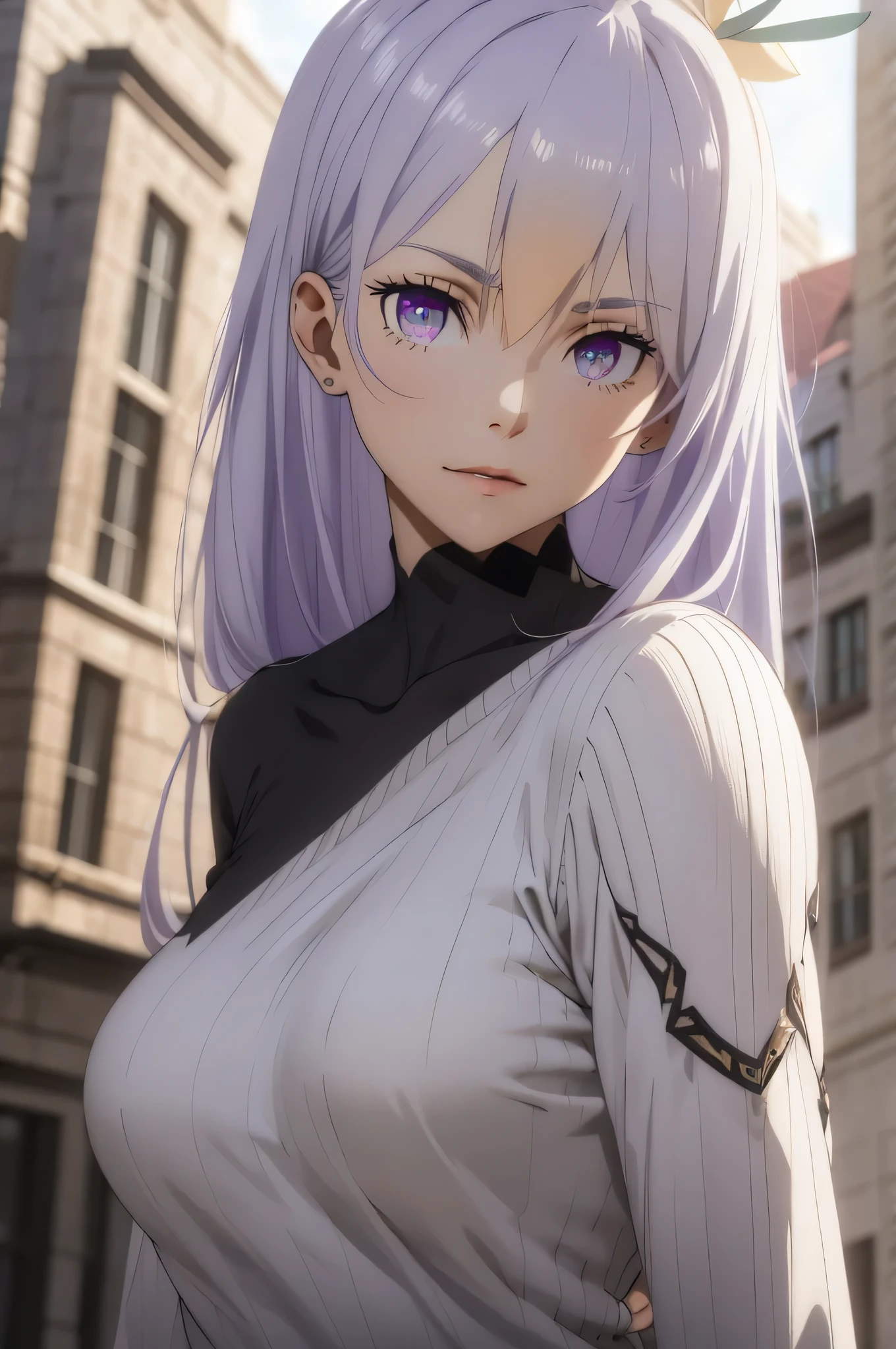 masterpiece, (best quality), 1woman,1girl ,reona, silver hair, purple hair , long hair, purple eyes, ,sexy woman,hair between eyes ,white sweater, (fully clothed), ((closed clothes)),jewelry, hair ornament, vibrant colors ,natural lighting ,RTX, large breasts, beautiful, (detailed face:1.2), showcase, (perfect eyes:1.1) ,(photorealistic:1.1), 8k uhd, looking a viewer, outdoors, simple backround,
