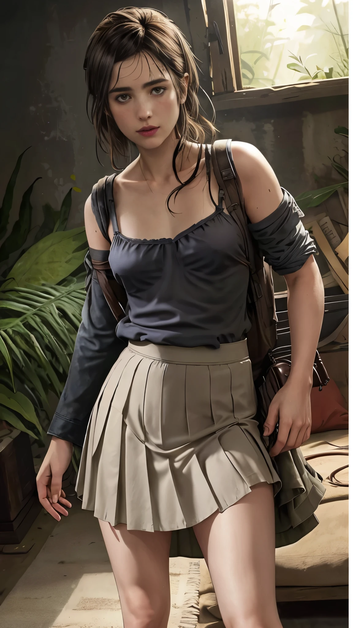 Ellie de The last of us, 13 years old, long hair: 1.3, spaghetti strap blouse, pleated skirt, pantyhose, small breasts, light skin, photorealistic