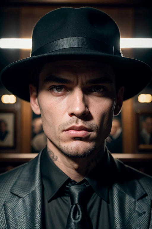 Huge man, gangster, black hat with brim in the style of the 30s, strict black suit, in an old bar, threatens , eye contact, looks at the viewer, masterpiece, best quality, perfect detail, perfect face detail, perfect eye detail, perfect detail skin, depth of field, ideal lighting