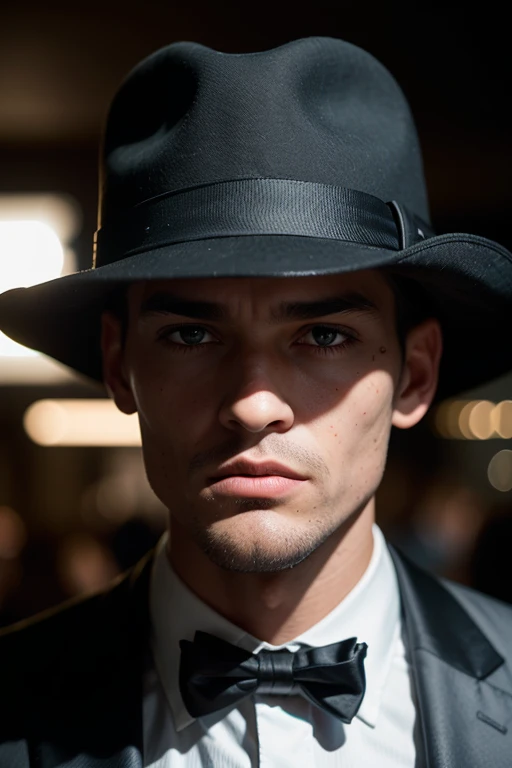 Huge man, gangster, black hat with brim in the style of the 30s, strict black suit, in an old bar, threatens , eye contact, looks at the viewer, masterpiece, best quality, perfect detail, perfect face detail, perfect eye detail, perfect detail  skin, depth of field, ideal lighting